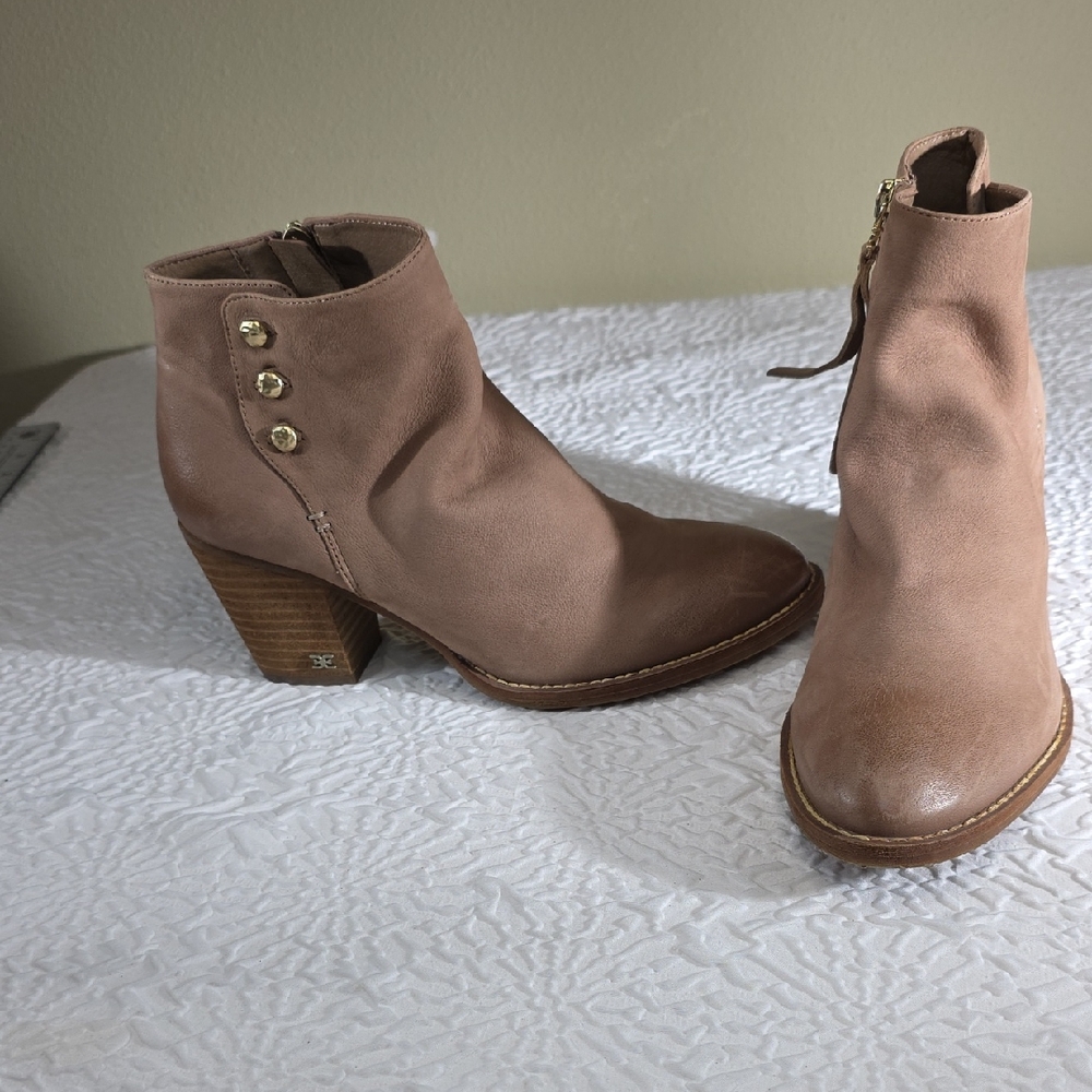 Sam Edelman Mariella Leather Ankle Booties Tan Button Block‎ Heel 7.5